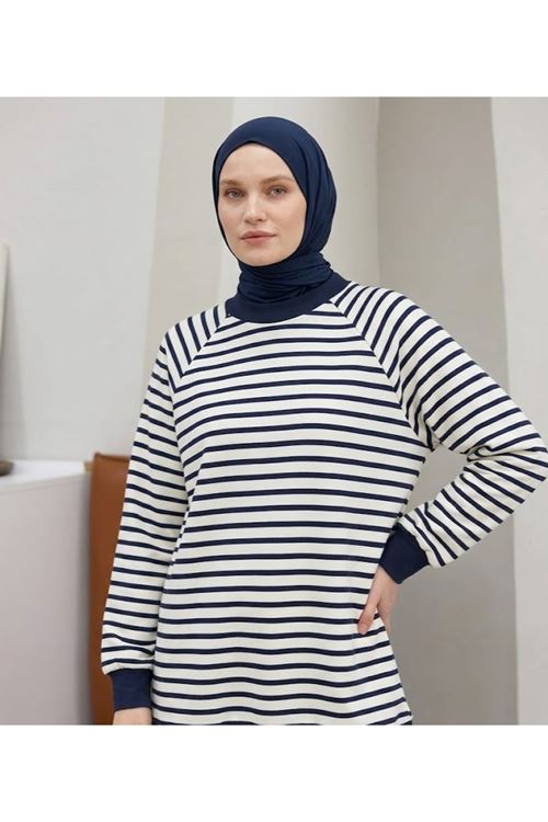 Manşet Detay Çizgili Tunik-Lacivert