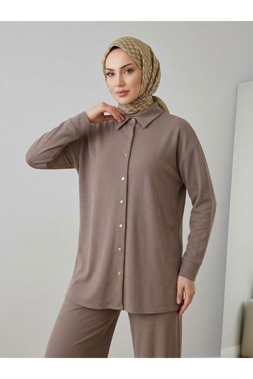 Yakalı Patlı Pike Pantolonlu Takım-Açık Kahve