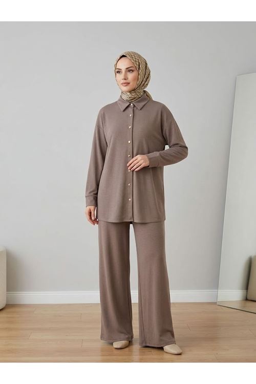 Yakalı Patlı Pike Pantolonlu Takım-Açık Kahve