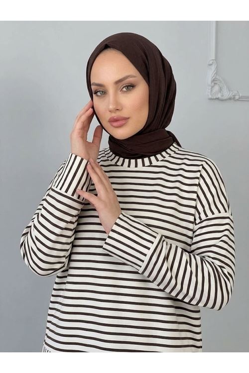 Çizgili Oysh Tunik-Kahve