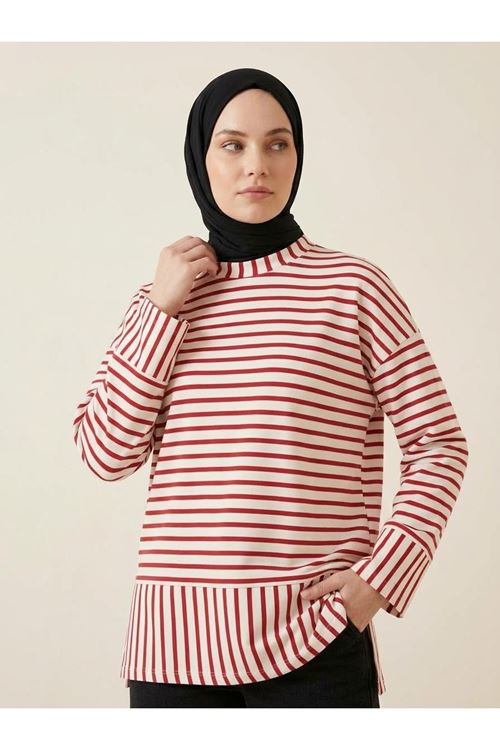 Çizgili Oysh Tunik-Kırmızı