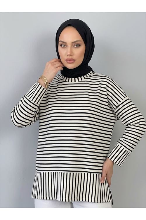 Çizgili Oysh Tunik-Siyah