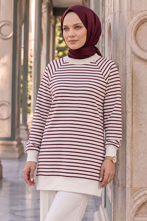 Kadın Manşet Detaylı Çizgili Uzun Tesettür Tunik Bordo