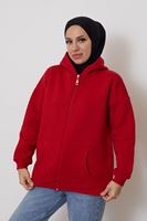Ön Fermuarlı Kapşonlu Sweatshirt Hırka-Kırmızı