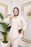 Kuşak Detay Ceketli Takım-Krem