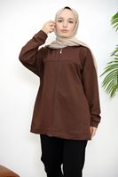 Kapşonlu Fermuar Detay Hırka-Kahve