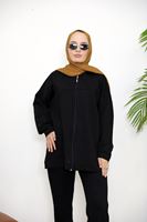 Kapşonlu Fermuar Detay Hırka-Siyah