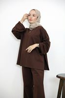 Yırtmaçlı İki İplik Pantolonlu Takım-Kahve