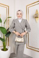 Kuşak Detay Ceketli Poliviskon Takım-Mint