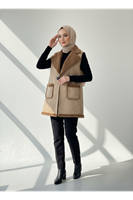 Deri Düğme Aksesuarlı Uzun Yelek-Bej