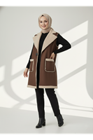 Deri Düğme Aksesuarlı Uzun Yelek-Kahve