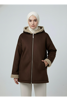 Kapşonlu Metal Fermuarlı Ceket-Kahve