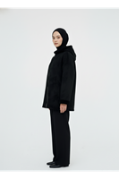 Kapşonlu Metal Fermuarlı Ceket-Siyah