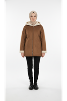 Kapşonlu Metal Fermuarlı Ceket-Taba