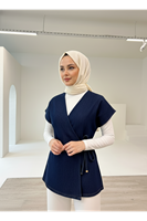 Ön Bağlamalı Düğme Detay Kot Yelek-Kot Rengi