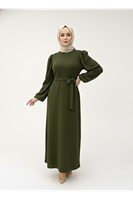 Balon Kol Örme Triko Elbise-Haki