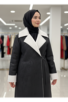 Uzun Boy Yan Bağlamalı Manşet Detaylı Kaban-Siyah