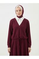 Beyaz Yaka Detaylı Örme Triko Takım-Bordo