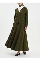 Beyaz Yaka Detaylı Örme Triko Takım-Haki