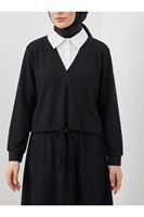 Beyaz Yaka Detaylı Örme Triko Takım-Siyah