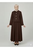 Düğme Detay Etekli Takım-Kahve