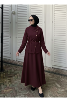 Çapraz Düğmeli Etekli Takım-Bordo