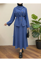 Çapraz Düğmeli Etekli Takım-İndigo