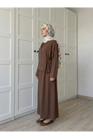 Yan Bağlamalı İkili Elbise-Kahve