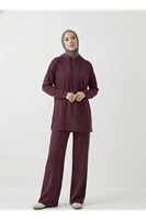 Kapşonlu Ön Parçalı Pantolonlu Takım-Bordo