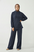 Kapşonlu Ön Parçalı Pantolonlu Takım-Lacivert