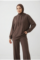Kapşonlu Ön Parçalı Pantolonlu Takım-Kahve