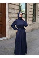 Saten Taşlı Elbise-Lacivert