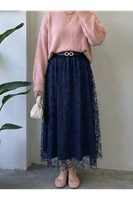 Flok Baskı Etek-Lacivert