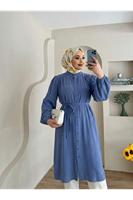 Hakim Yaka Omuz Büzgü Uzun Tunik-İndigo