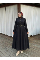 Yarım Pat Kaplama Kemer Detay Elbise-Siyah