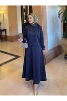 Omuz Pile Detay Saten Etekli Takım-Lacivert