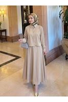 Omuz Pile Detay Saten Etekli Takım-Taş