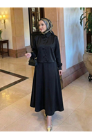 Omuz Pile Detay Saten Etekli Takım-Siyah