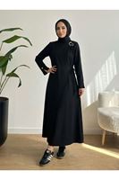 Omuz Ve Manşet Detaylı Elbise-Siyah