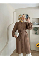 Hakim Yaka Omuz Büzgü Uzun Tunik-Kahve