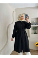 Hakim Yaka Omuz Büzgü Uzun Tunik-Siyah