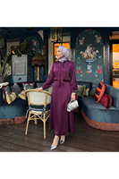 Yaka Bağlamalı Saten Etekli Takım-Mürdüm