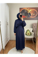 Bağlama Detaylı İkili Saten Elbise-Lacivert