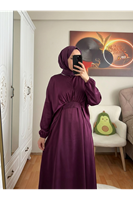 Bağlama Detaylı İkili Saten Elbise-Mürdüm