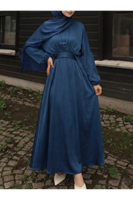Bağlama Detaylı İkili Saten Elbise-Petrol Mavisi