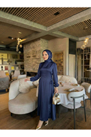 Yanlar Birit Bağlamalı Elbise-Lacivert