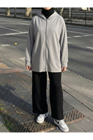 Kapşon Detay Fermuarlı Hırka-Gri