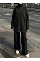 Kapşon Detay Fermuarlı Hırka-Siyah