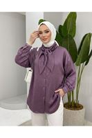 Yaka Detay Saten Tunik-Gül Kurusu