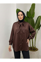 Yaka Detay Saten Tunik-Kahve